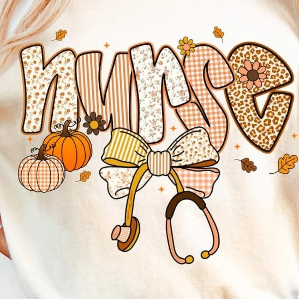 Nurse Gift, Fall Pumpkin Shirt, Autumn Bow T-shirt - Picture 2 of 3